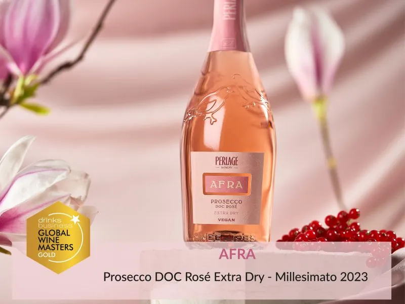 perlage-v-come-vegani Prosecco DOC Rosé Extra Dry biologico di Perlage, premiato, millesimato 2023, Conegliano Valdobbiadene.