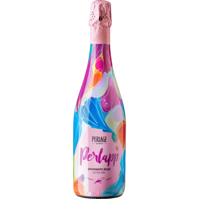 Bottiglia di spumante rosé biologico Perlage, Prosecco DOCG extra dry, colorata ed elegante.
