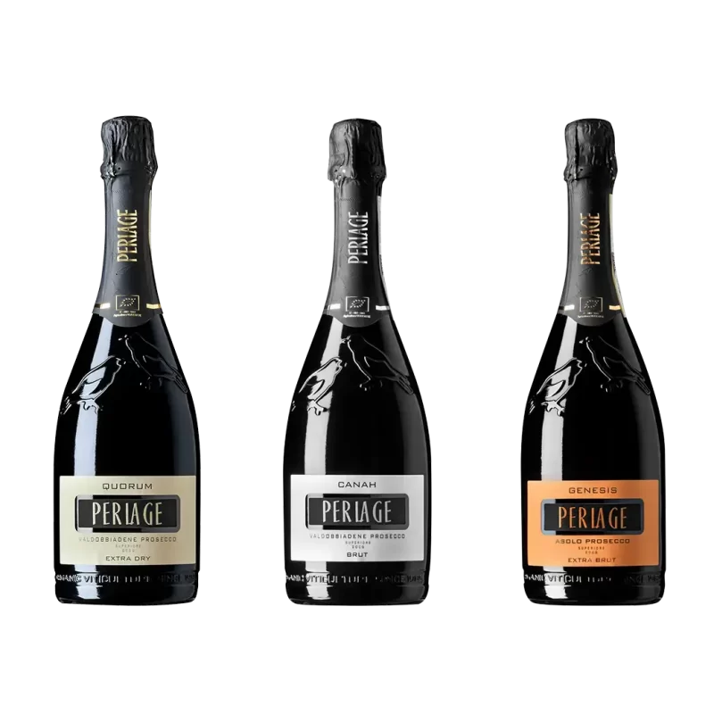 Bottles of Perlage Organic Prosecco DOCG, Conegliano Valdobbiadene: an elegant selection of sustainable wines.