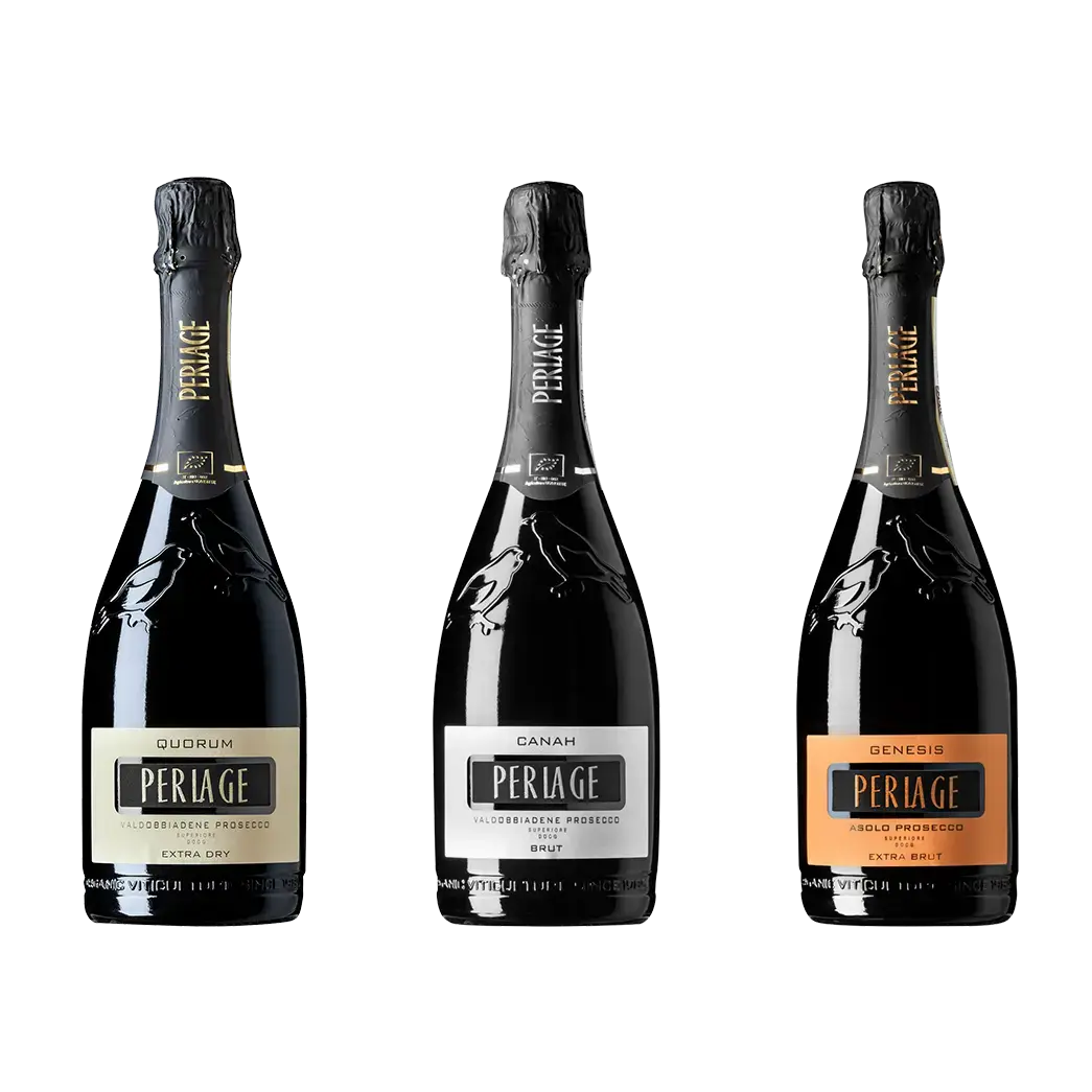 Bottles of Perlage Organic Prosecco DOCG, Conegliano Valdobbiadene: an elegant selection of sustainable wines.
