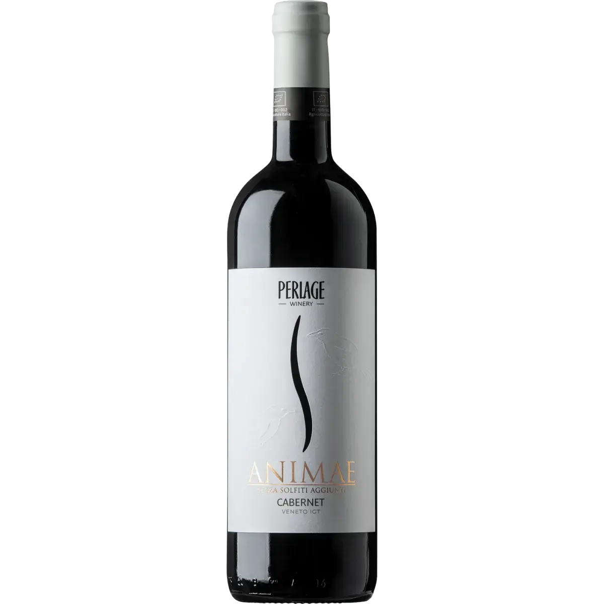Bottiglia di vino biologico Perlage Cabernet, senza solfiti aggiunti, rinomata per la qualità artigianale.