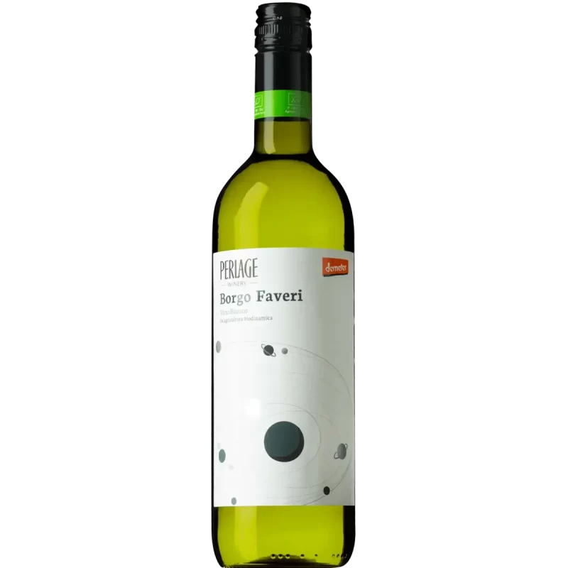 Bottiglia di vino bianco Borgo Faveri, biodinamico, Perlage Winery.