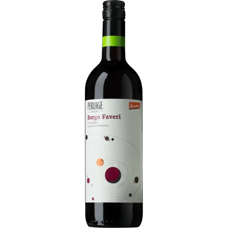 Bottiglia di vino rosso Borgo Faveri, Perlage, agricoltura biodinamica.