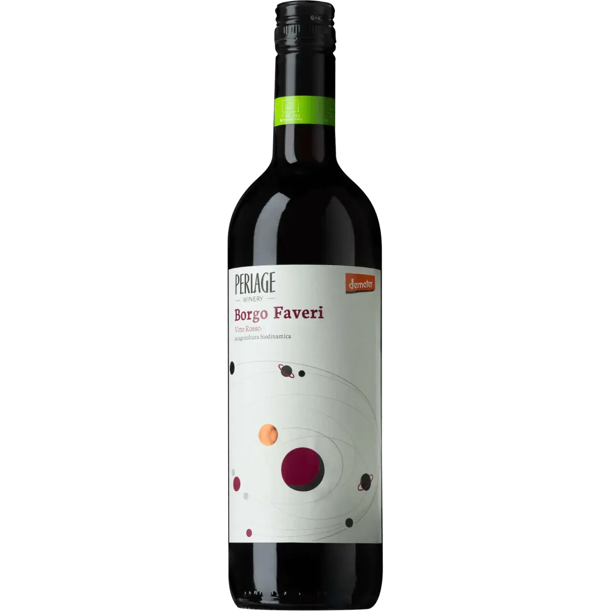 Bottiglia di vino rosso Borgo Faveri, Perlage, agricoltura biodinamica.