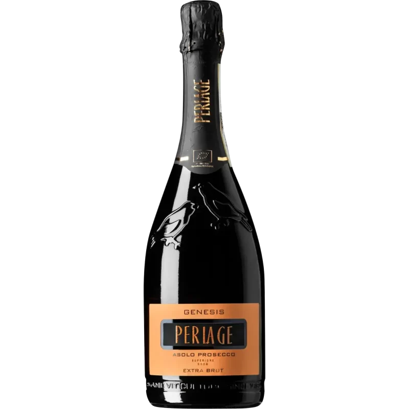 Bottiglia di Prosecco DOCG Perlage, vino biologico da Asolo; elegante perlage, extra brut.