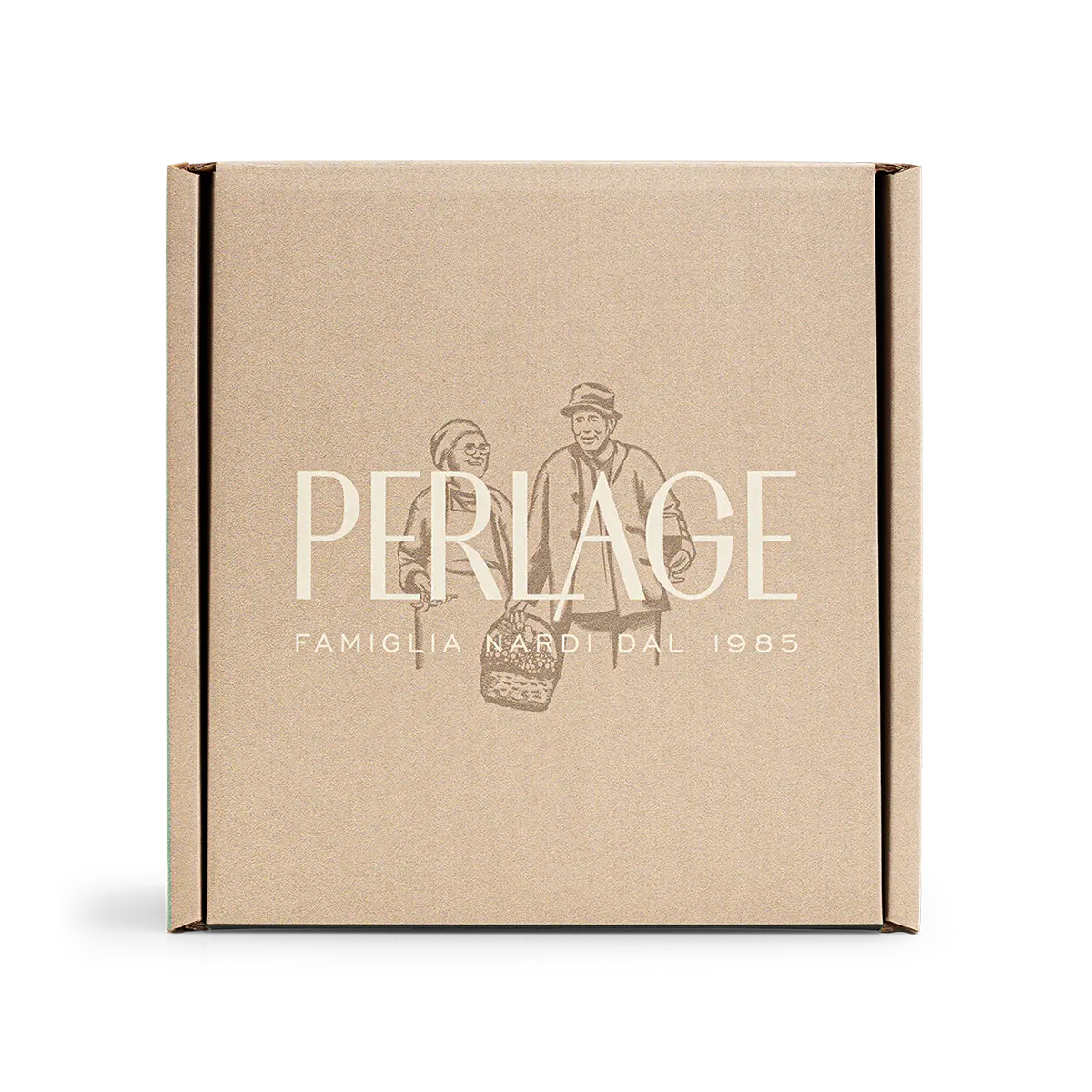 Perlage box featuring an illustration of the Nardi family, representing organic Prosecco DOCG wines.