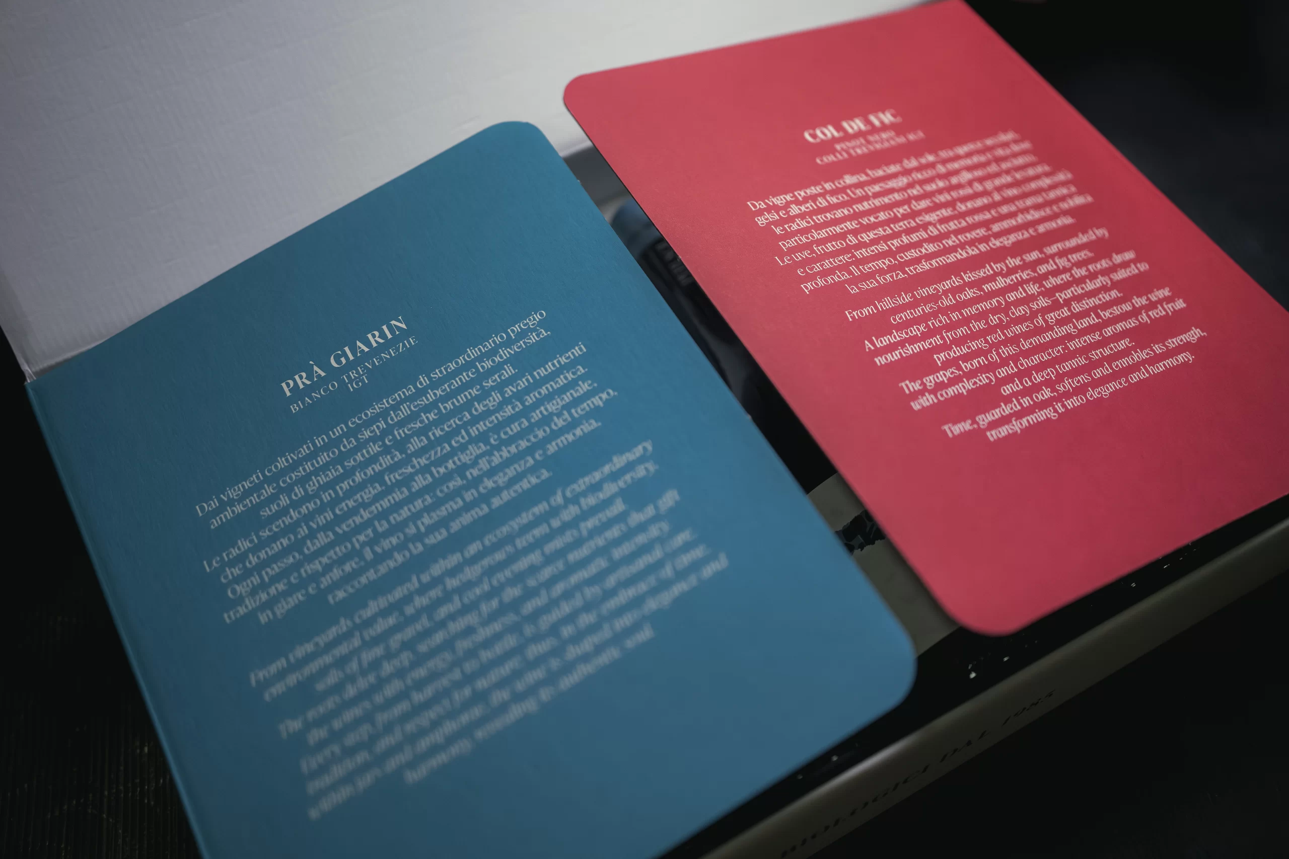 Wine labels feature Prà Giarin and Col de Fig, organic wines from the Tre Venezie region.