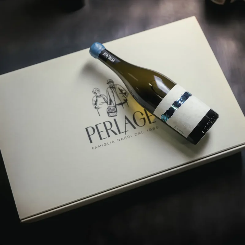A bottle of Perlage organic wine in a gift box, Prosecco DOCG from Conegliano Valdobbiadene.