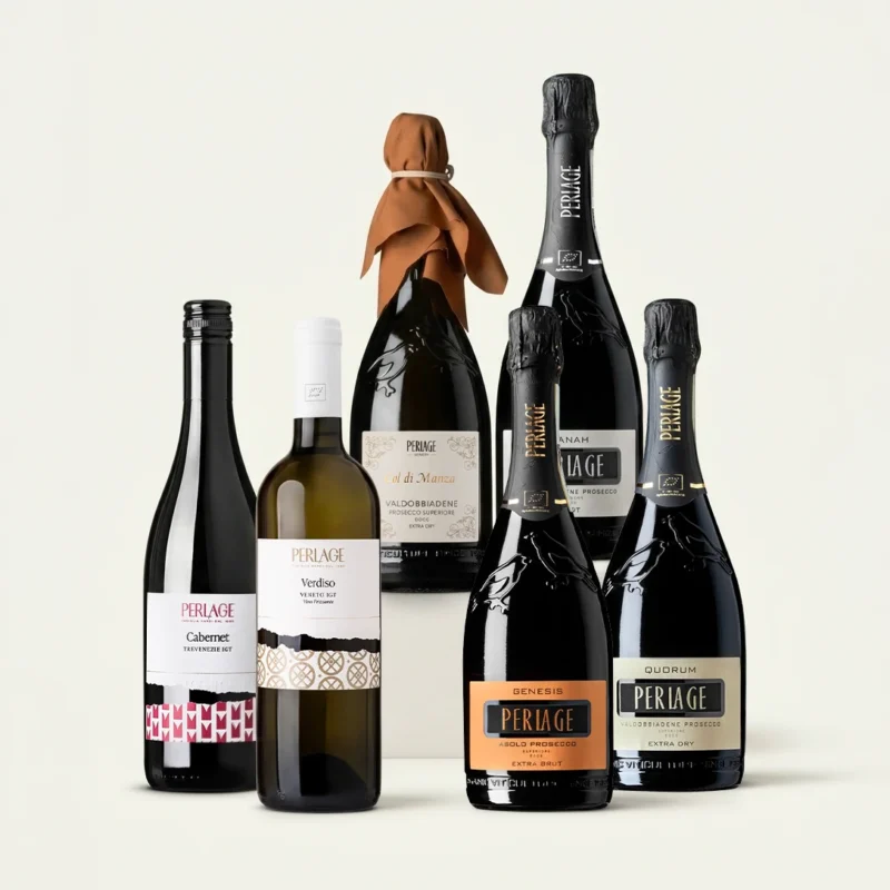 Bottiglie di vini biologici Perlage, tra cui Prosecco DOCG da Conegliano Valdobbiadene.