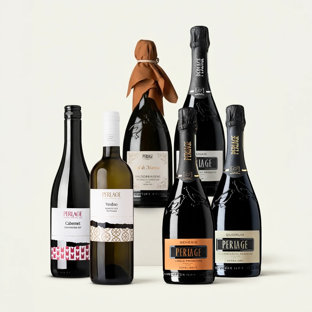 Bottiglie di vini biologici Perlage, tra cui Prosecco DOCG da Conegliano Valdobbiadene.