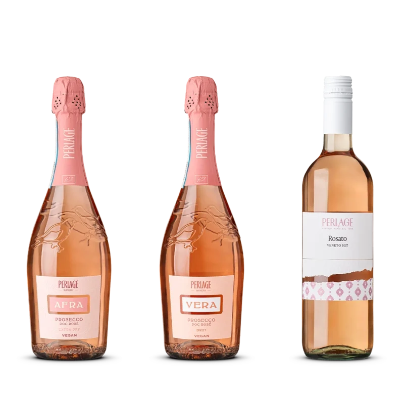 Bottiglie di Prosecco DOC Rosé biologico Perlage e Rosato Veneto IGT, espressione del Conegliano Valdobbiadene.