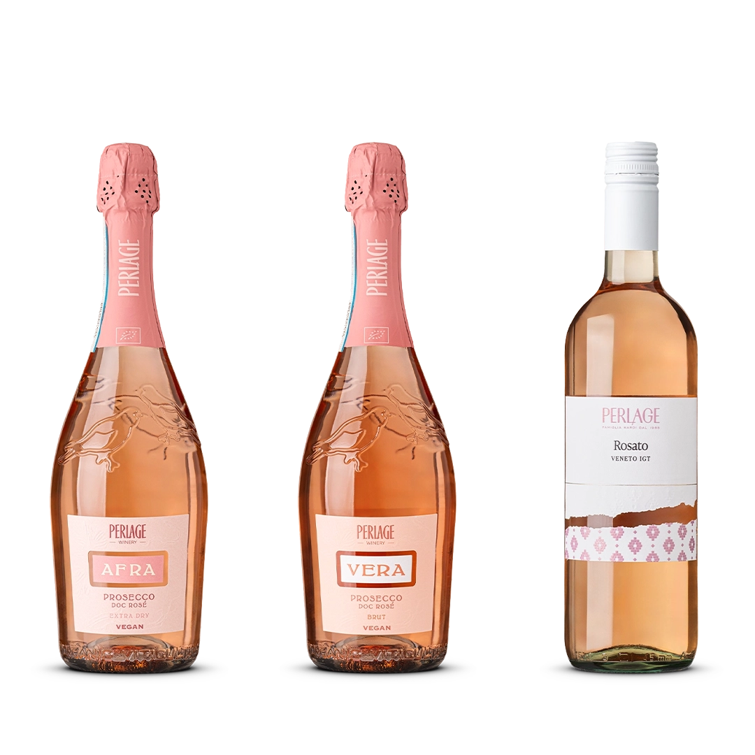 Bottiglie di Prosecco DOC Rosé biologico Perlage e Rosato Veneto IGT, espressione del Conegliano Valdobbiadene.