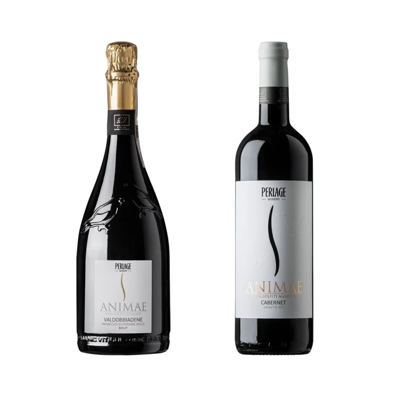 Bottiglie di vino Perlage: Prosecco DOCG Valdobbiadene e Cabernet biologico, eleganza e sostenibilità.