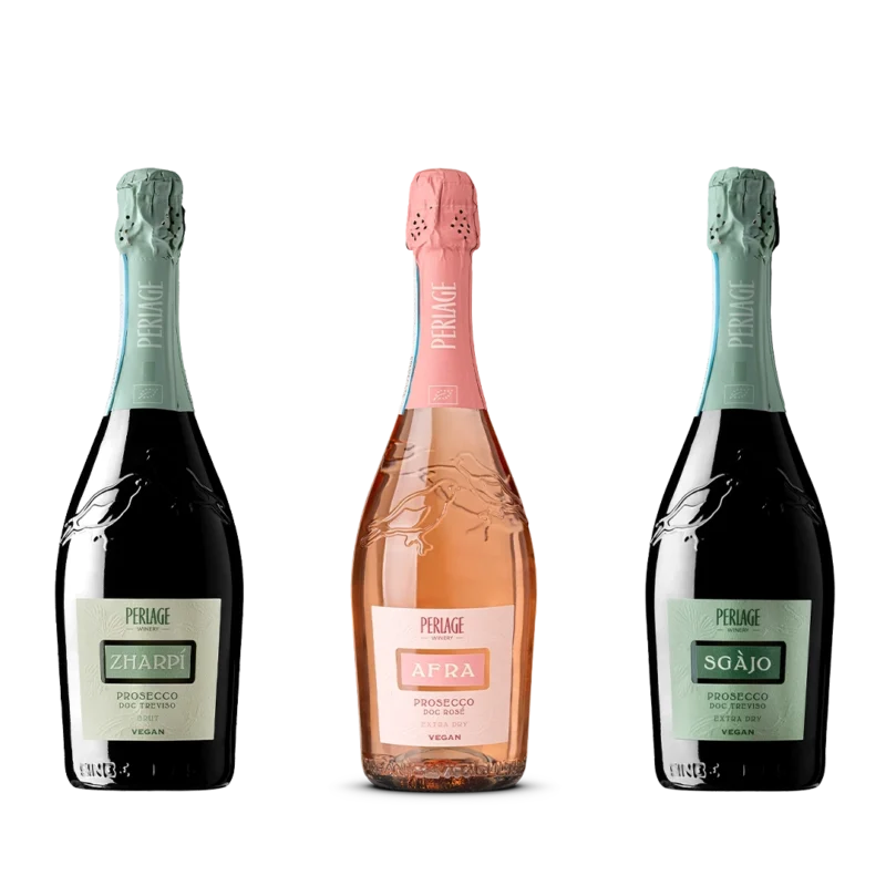 Bottiglie di Prosecco biologico Perlage: Zharpì, Afra, Sgajo, espressione del Conegliano Valdobbiadene.