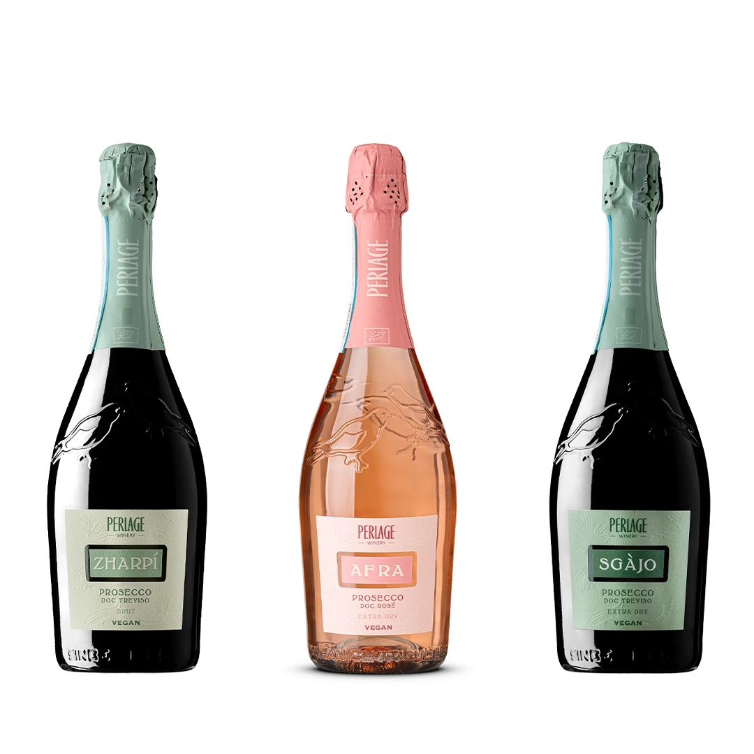 Bottiglie di Prosecco biologico Perlage: Zharpì, Afra, Sgajo, espressione del Conegliano Valdobbiadene.