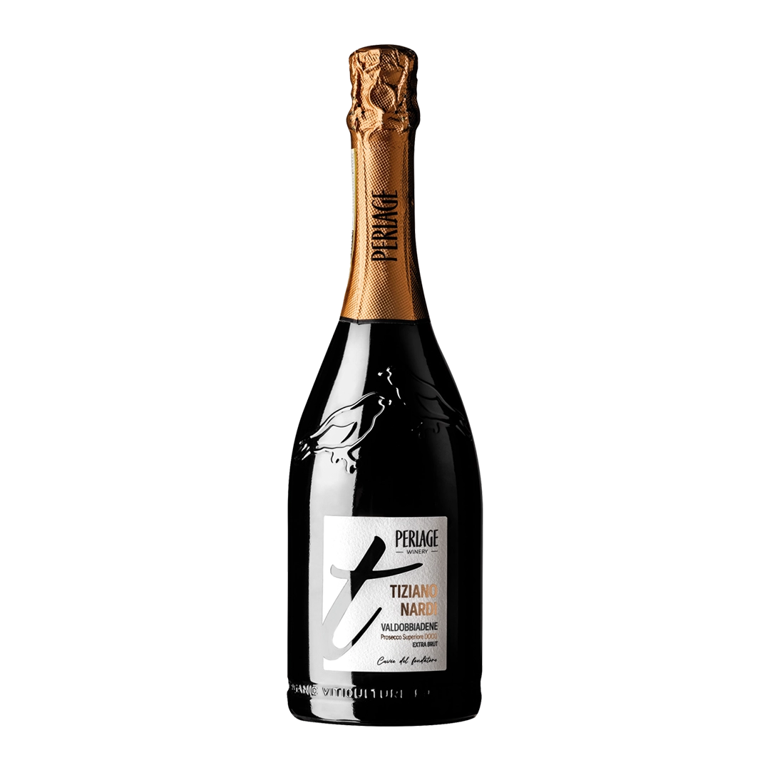 Bottiglia di Prosecco DOCG Perlage, vino biologico di Conegliano Valdobbiadene, eleganza spumeggiante.
