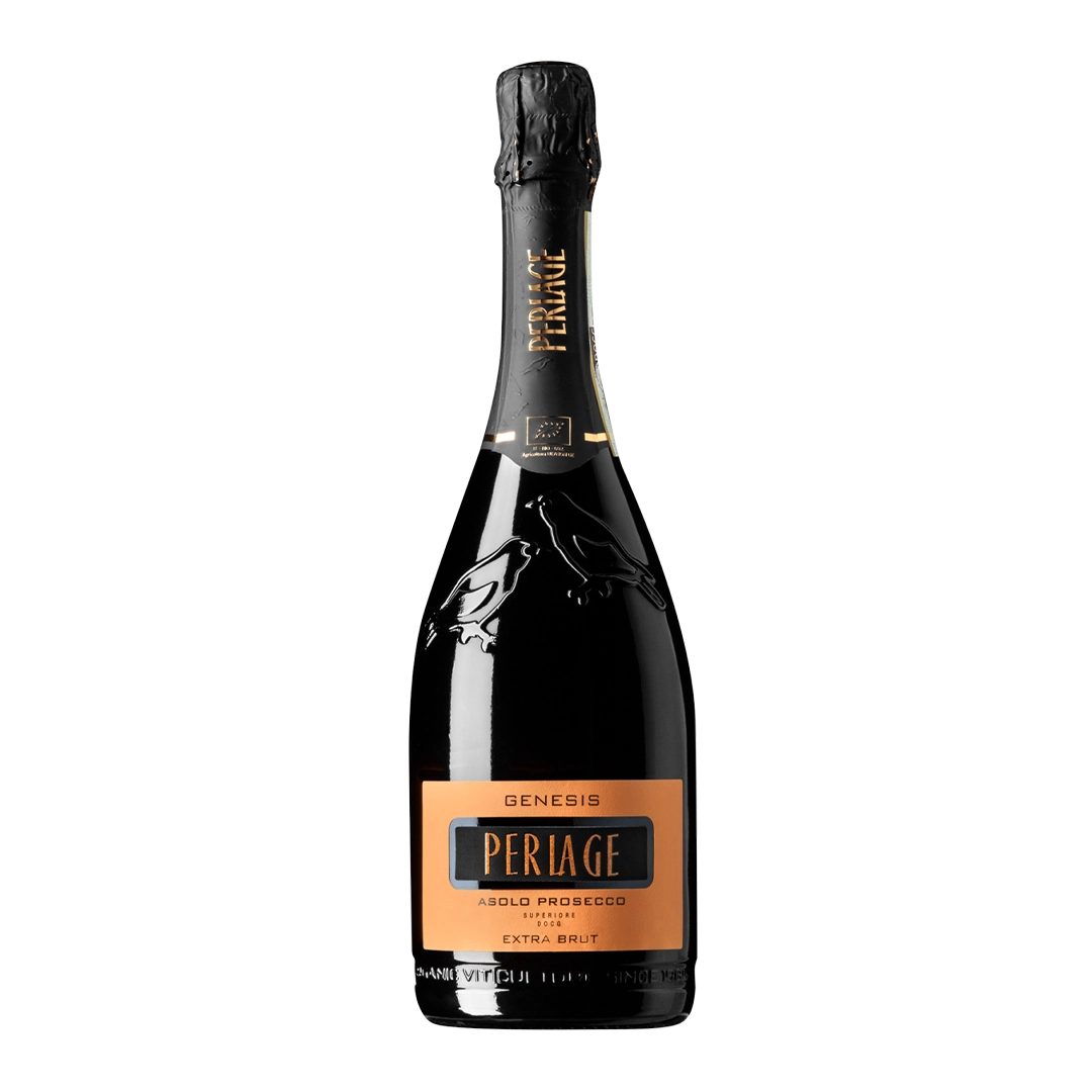 Bottiglia di Prosecco DOCG Perlage biologico, Asolo Extra Brut, qualità superiore da Conegliano Valdobbiadene.